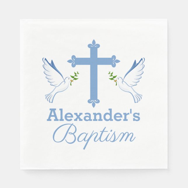 Serviette En Papier Bébé bleu Nom personnalisé Baptême avec croix et c (Devant)