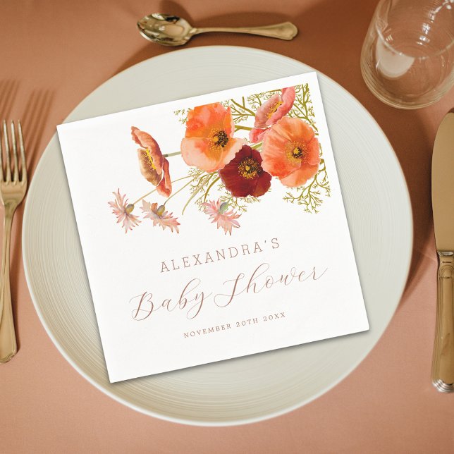 Serviette En Papier Bébé en Fleur Floral Baby shower Automne Personnal (Wildflower floral fall baby shower personalized napkin Whimsical Eleagnt modern script burnt orange )