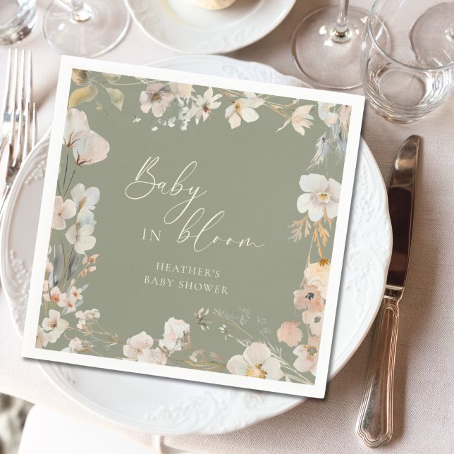 Serviette En Papier Bébé en fleurs Sage Baby shower Fleur sauvage vert (Créateur téléchargé)