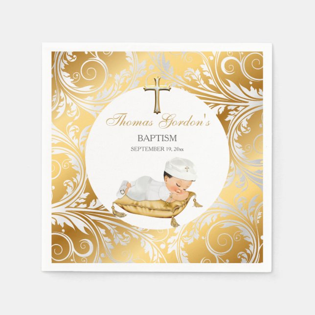 Serviette En Papier Bébé Garçon Christening Baptême Or Argent (Devant)