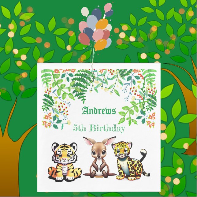 Serviette En Papier Bébé Kangaroo Tiger Leopard Jungle Forêt verte (Baby Kangaroo Tiger Leopard Jungle Greenery Forest Napkins)