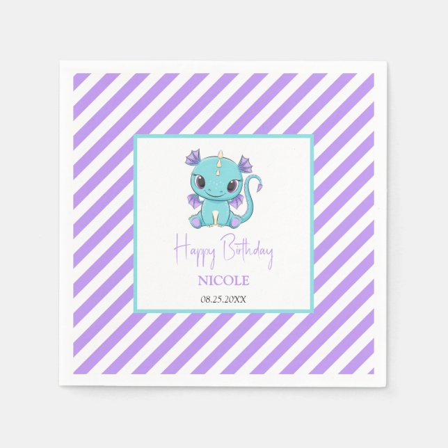Serviette En Papier Bébé mignon Dragon Purple Stripes Anniversaire (Devant)