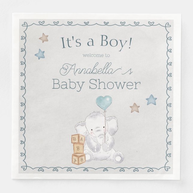 Serviette En Papier Bébé mignon éléphant et ballons d'aquarelle (Devant)