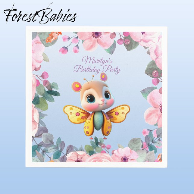 Serviette En Papier Bébé mignon papillon rose Floral enfant Anniversai (Butterfly Girl 🦋 Pink Floral 🌸 ForestBabies Customizable Birthday Party Paper Napkins)