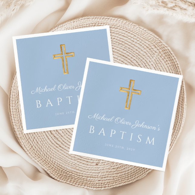 Serviette En Papier Bébé moderne bleu Croix religieuse garçon Baptême (Modern Baby Blue Religious Cross Boy Baptism Napkins)