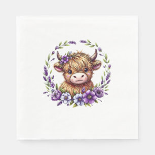 Serviette En Papier Bébé Vache Highland Avec Fleurs Violettes Ecosse F