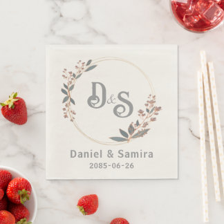 Serviette En Papier Beige and Blue Floral Custom Name Elegant 