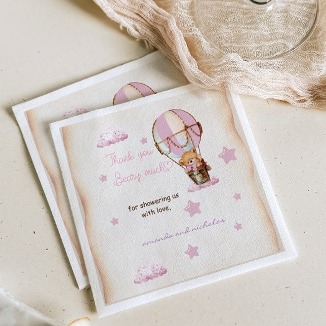 Serviette En Papier Beige rose ours bébé chaude Air Balloon rustique (Créateur téléchargé)
