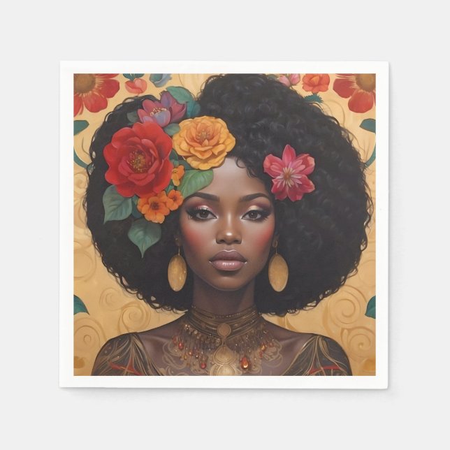 Serviette En Papier Belle Africaine Américaine Avec Fleurs (Devant)
