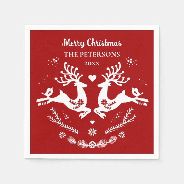 Serviette En Papier Belle Fête Scandi Rouge Blanc Noël Cerf (Devant)
