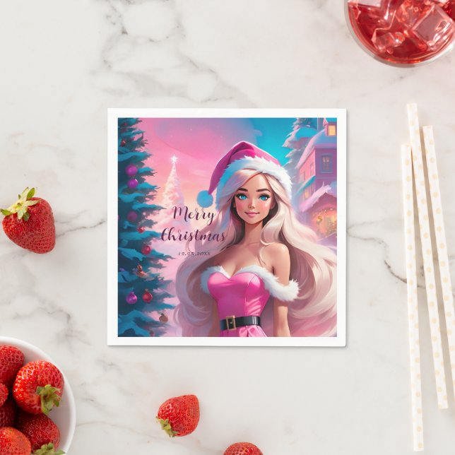 Serviette En Papier Belle fille de Noël rose 01 (En situation)