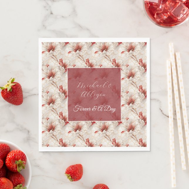 Serviette En Papier Belle Flore Rouge Blanc (En situation)