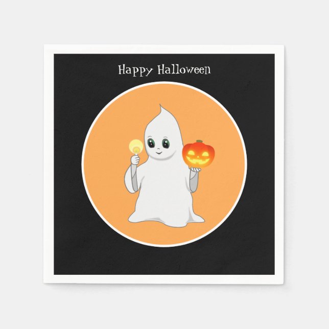 Serviette En Papier Belle Halloween Ghost & Citrouille sur Black & Ora (Devant)