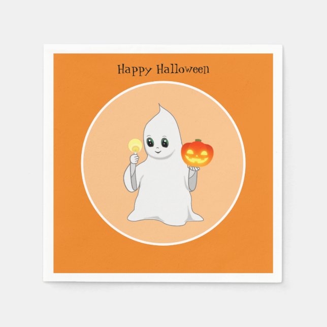 Serviette En Papier Belle Halloween Ghost & Citrouille sur Orange (Devant)
