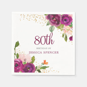Serviette En Papier Belle rose florale 80e fête d'anniversaire