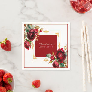Serviette En Papier Belle Roses Rouges Or Filigree Quinceañera