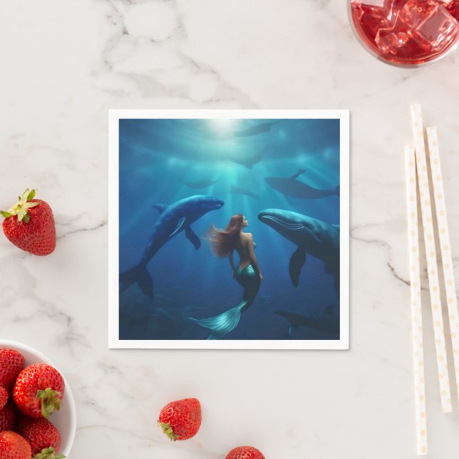 Serviette En Papier Belle Sirène Nager Avec Baleines À Bosse, (En situation)