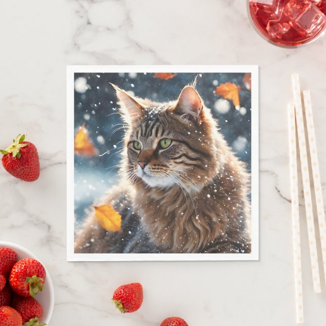 Serviette En Papier Belle Tabby Gris Feuilles de Chat (En situation)