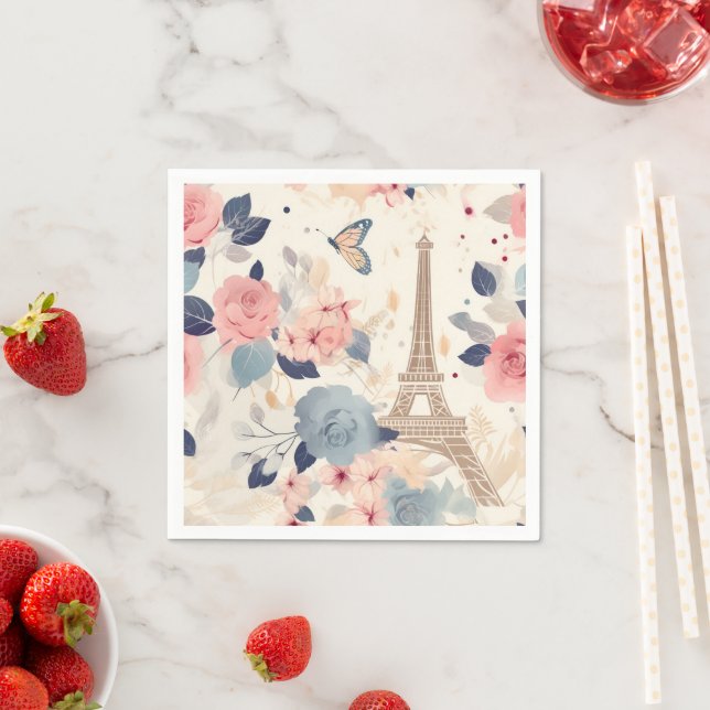 Serviette En Papier Belles Fleurs et Tour Eiffel Paris (En situation)