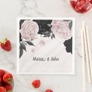 Serviette En Papier Belles fleurs noires et roses sur marbre