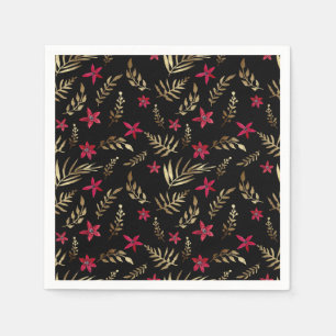 Serviette En Papier Belles fleurs rouges doré brillant feuille noir el