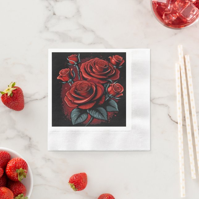 Serviette En Papier Belles roses rouges sur la fête noire (En situation)