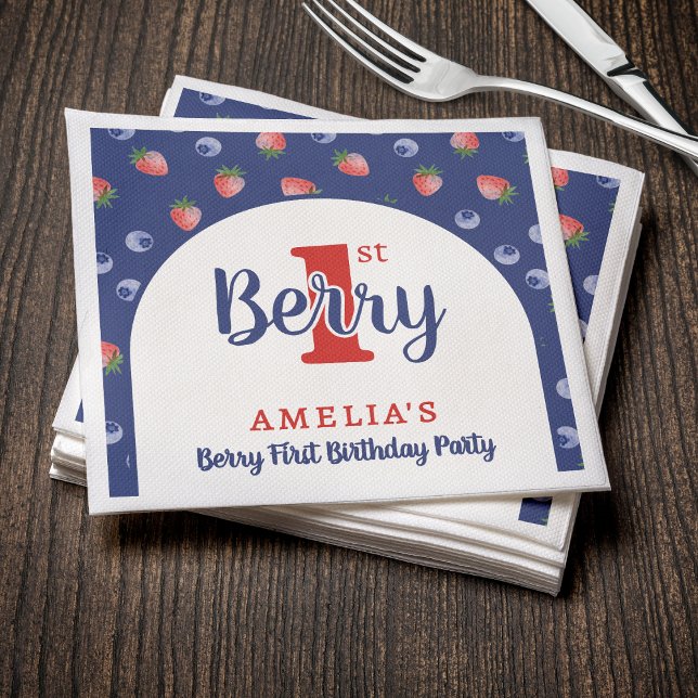 Serviette En Papier Berry 1er Anniversaire Fraise Bleu bleuet fraise (Berry 1st Birthday Party Strawberry Blueberry Blue Napkins
)
