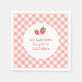 Serviette En Papier Berry First Pink Strawberry Gingham Birthday