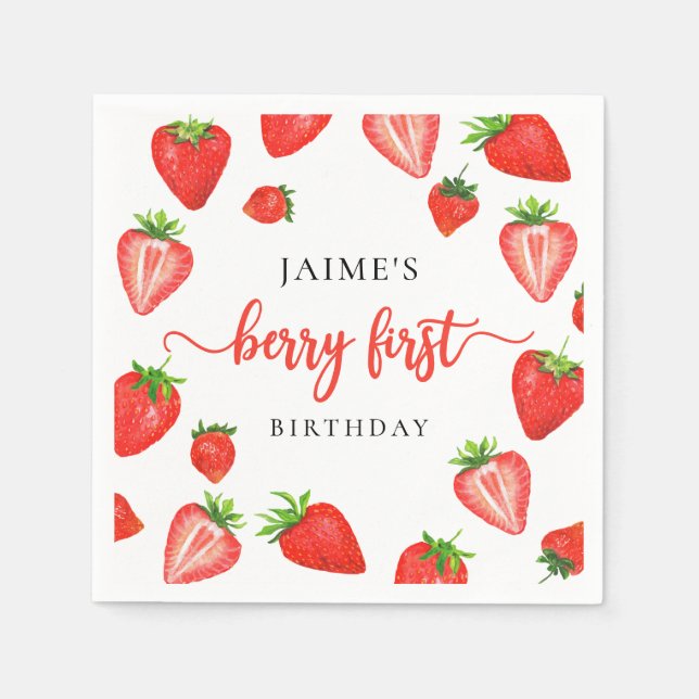 Serviette En Papier Berry Premier anniversaire | fraise 1er anniversai (Devant)