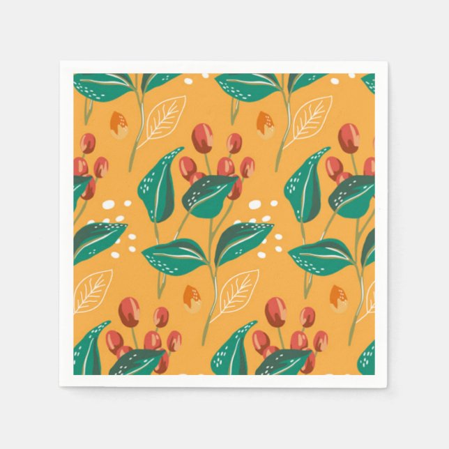 Serviette En Papier Berry rouge et feuille vert motif sur jaune (Devant)