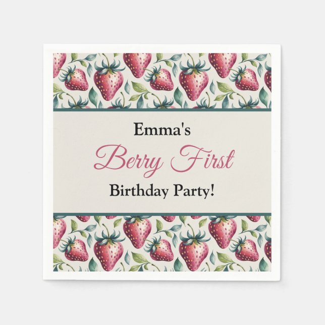 Serviette En Papier Berry Sweet Pastel Nom de fraise Anniversaire (Devant)
