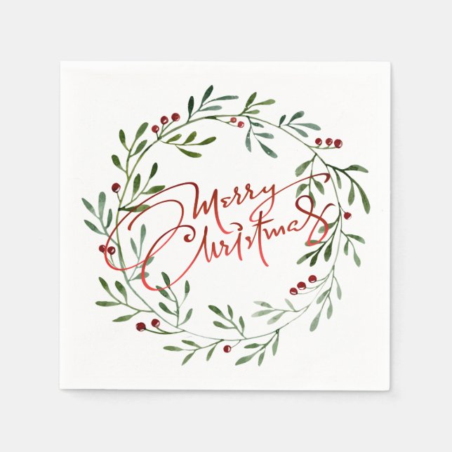 Serviette En Papier Berry Wreath Gradient Red Script Joyeux Noël (Devant)