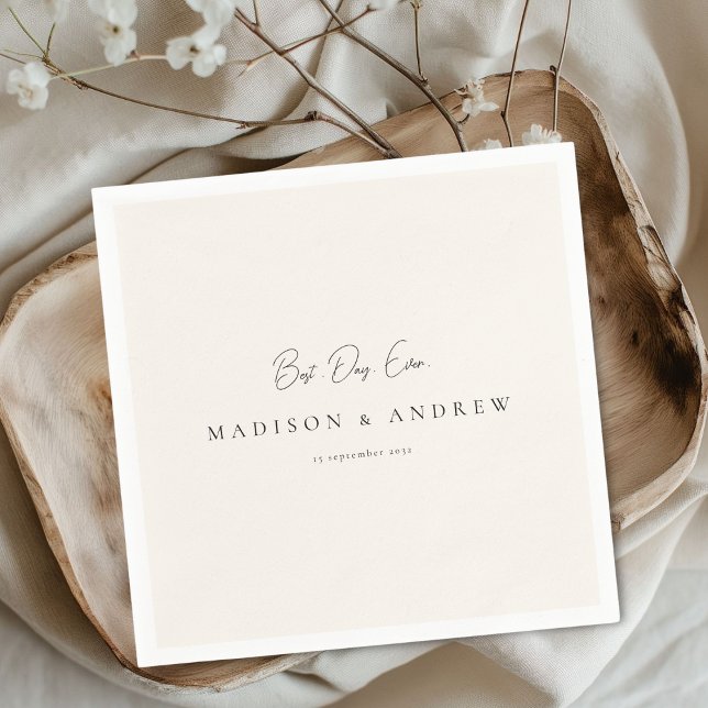 Serviette En Papier BEST DAY EVER! Modern, Minimal, Beige, Wedding (Custom BEST DAY EVER! Modern Minimal Beige Wedding Napkins with your names, date & text.)