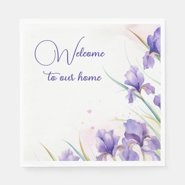 Serviette En Papier Bienvenue Bordure Iris Violet (Devant)