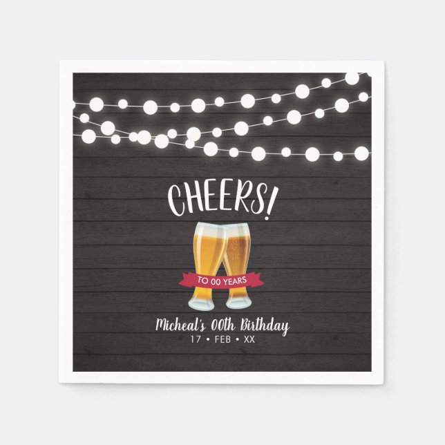 Serviette En Papier Bières | Rustic Wood Fête d'anniversaire pour adul (Devant)