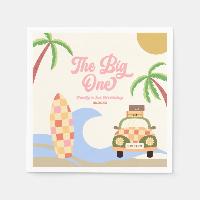Serviette En Papier Big One Beach Surf rose 1er anniversaire (Devant)