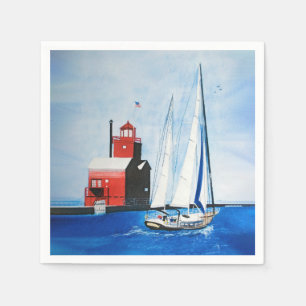 Serviette En Papier Big Red Michigan Lighthouse and Sailboat