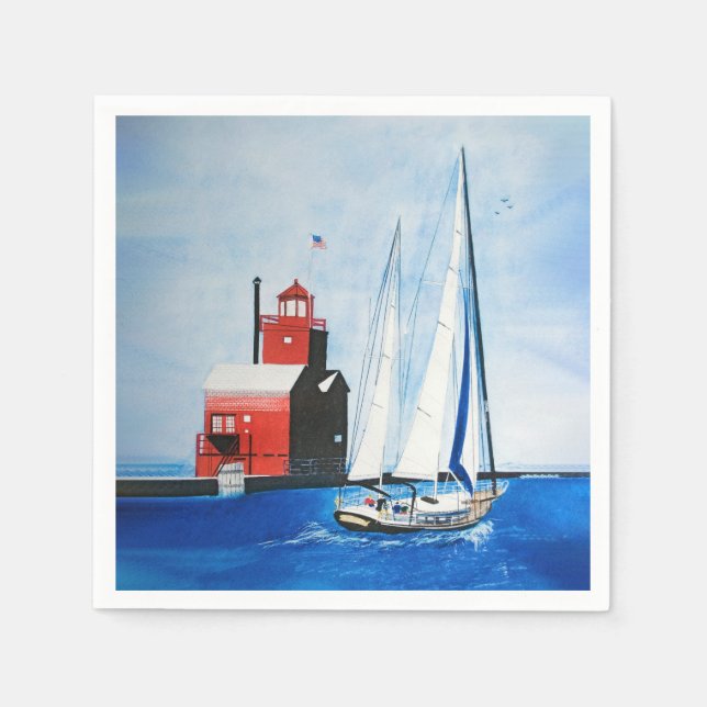 Serviette En Papier Big Red Michigan Lighthouse and Sailboat (Devant)
