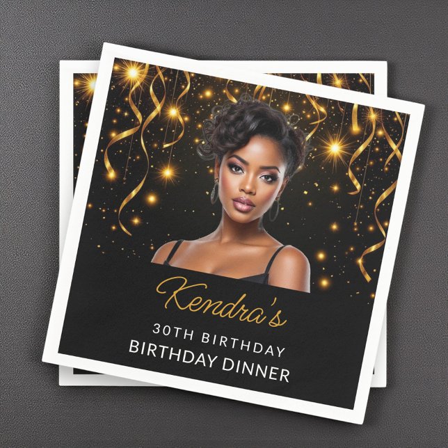 Serviette En Papier Birthday Dinner Gold and Black Photo Instagram  (Créateur téléchargé)