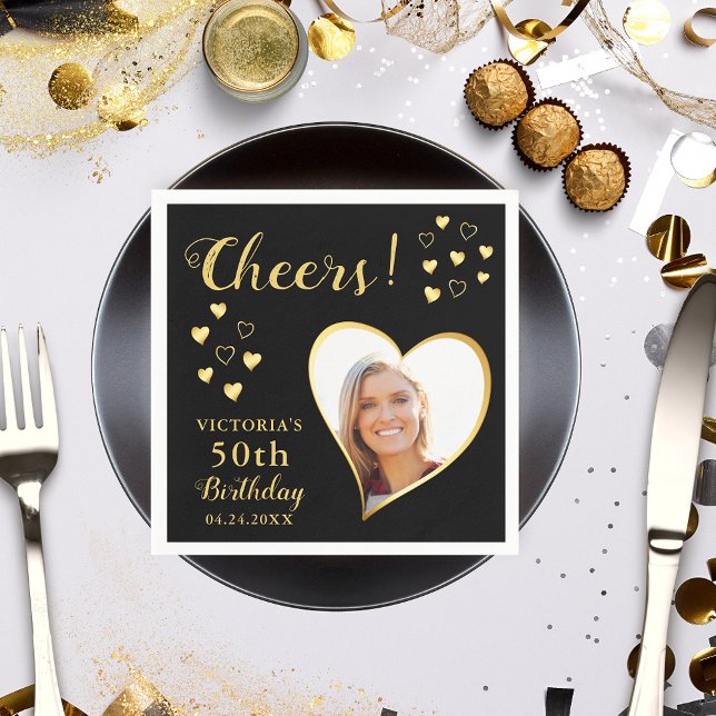 Serviette En Papier Black and Gold Cheers Photo personnalisée 50e anni (Créateur téléchargé)