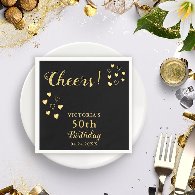 Serviette En Papier Black and Gold personnalisé fête le 50e anniversai (Créateur téléchargé)
