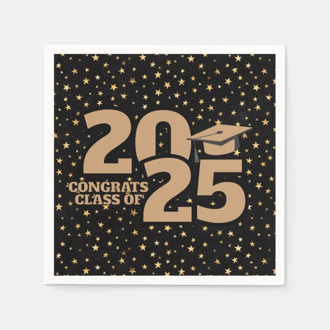 Serviette En Papier Black and Gold Stars 2025 Graduation (Devant)