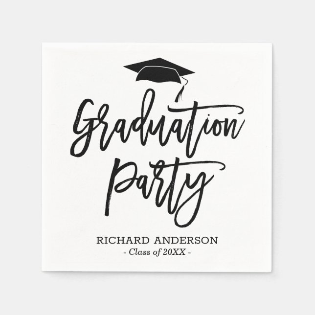 Serviette En Papier Black and White Modern Script Graduation Party (Devant)