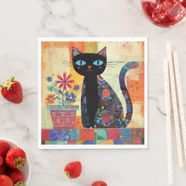 Serviette En Papier Black Cat Folk Art (En situation)