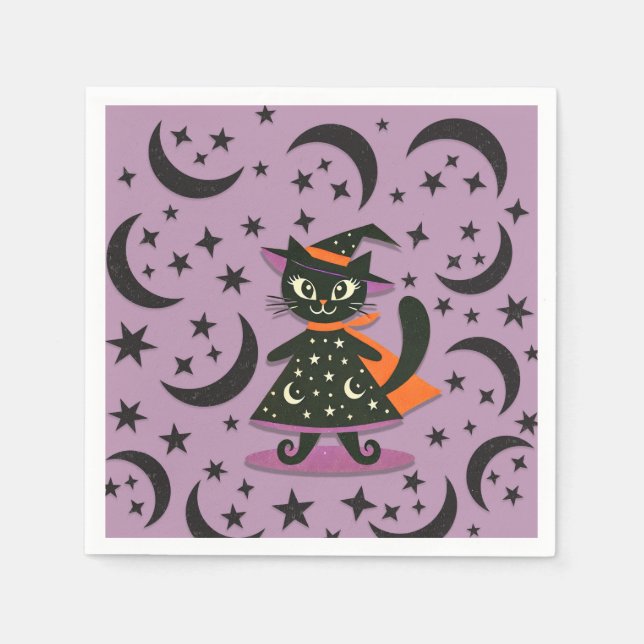 Serviette En Papier Black Cat sorcière violette Lune Étoiles Halloween (Devant)