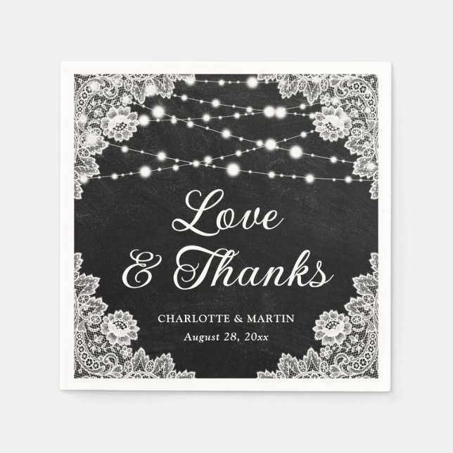Serviette En Papier Black Chalkboard Lace Love and Thanks Mariage (Devant)