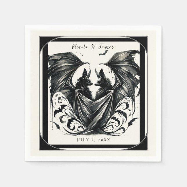 Serviette En Papier Black Cream Argent Gothique Love Bats Mariage (Devant)