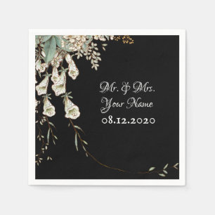 Serviette En Papier Black Floral Garland Script Mariage élégant