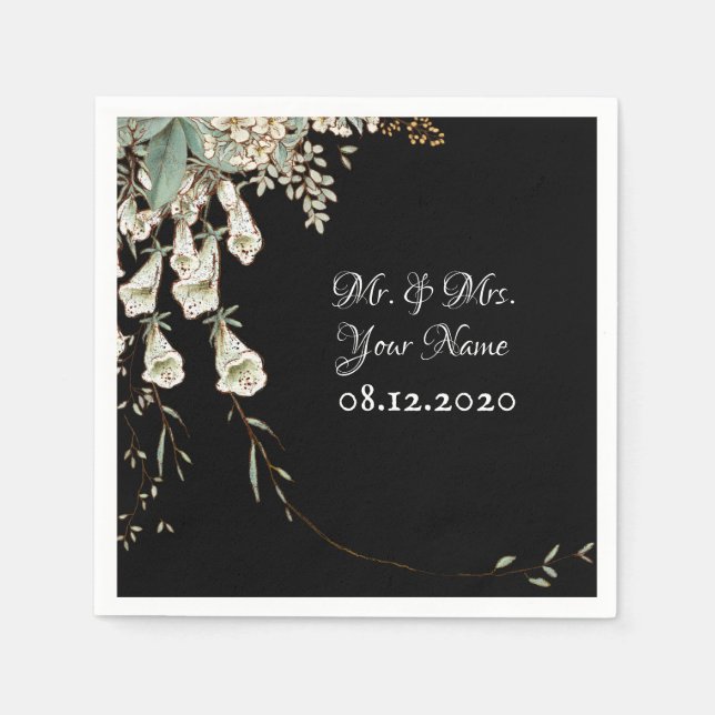 Serviette En Papier Black Floral Garland Script Mariage élégant (Devant)