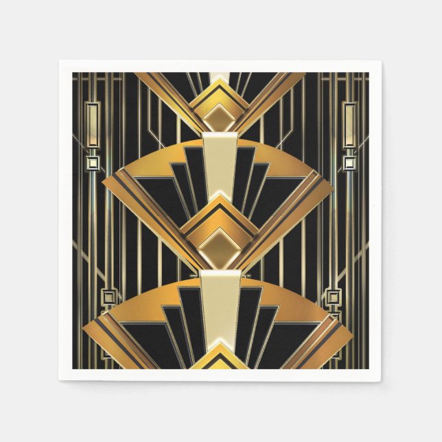 Serviette En Papier Black & Gold 20's Art Déco Gatsby Glam Mariage (Devant)